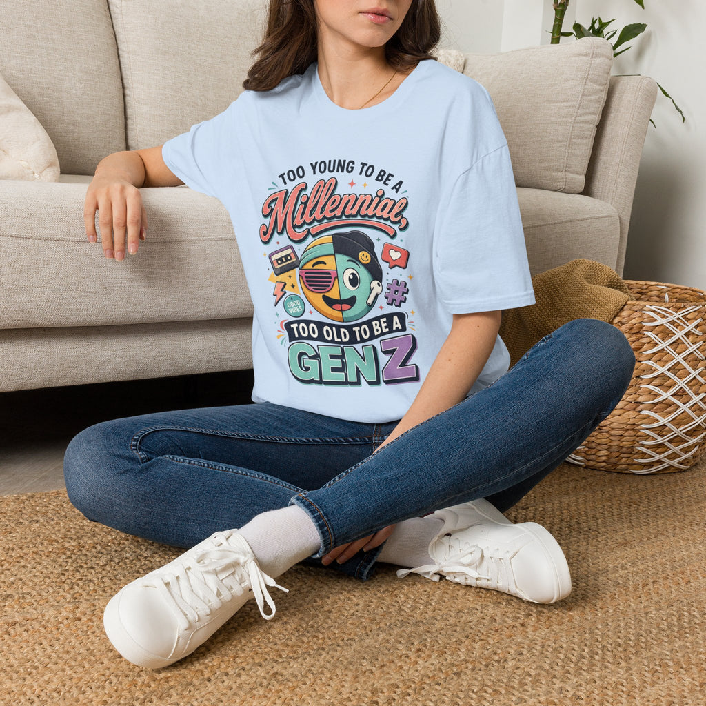 Millennial vs Gen Z Retro Graphic T‑Shirt — "Too Young to Be a Millennial, Too Old to Be a Gen Z"