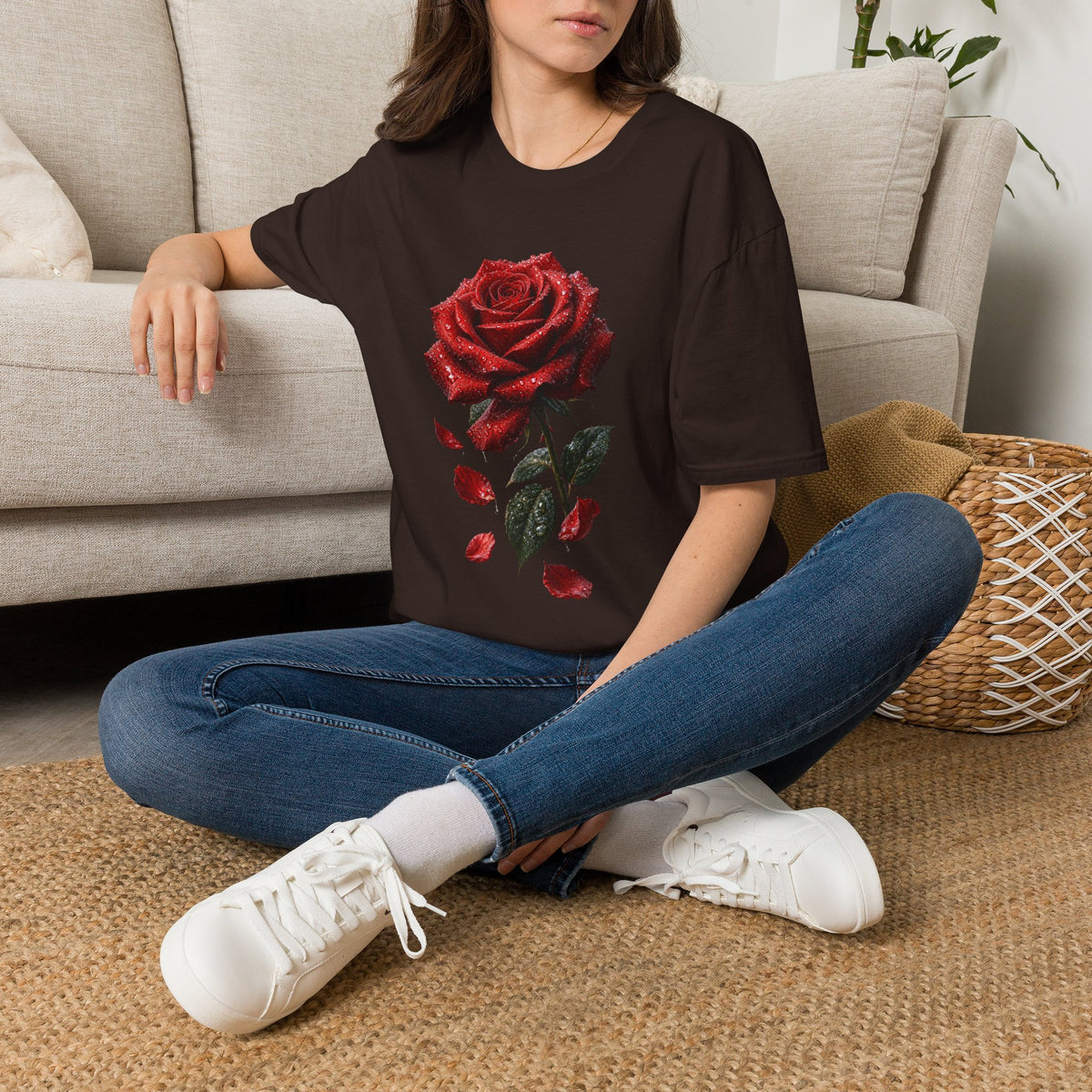 Red Rose Graphic T-Shirt — Falling Petals Floral Tee
