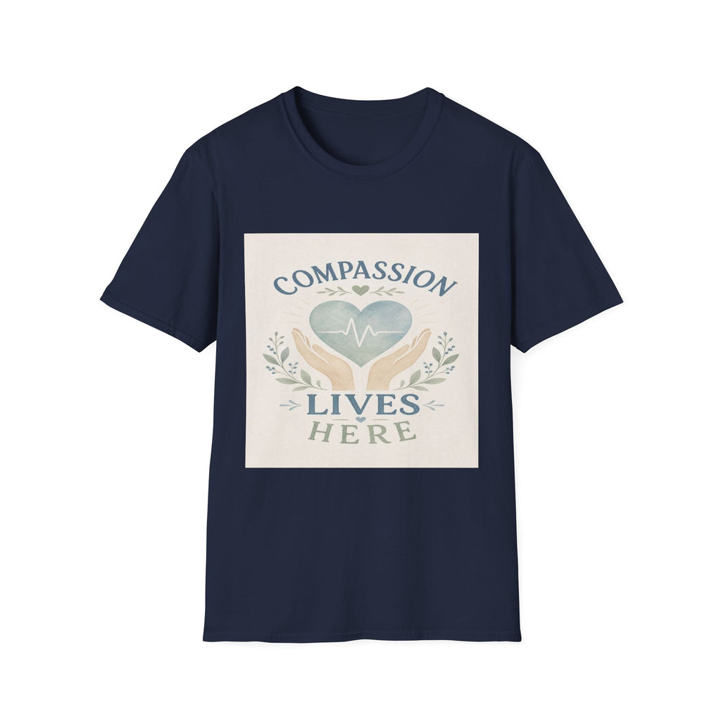 T-shirt Design Featuring Compassion Lives Here With Heart and Hands- Graphic Tees
