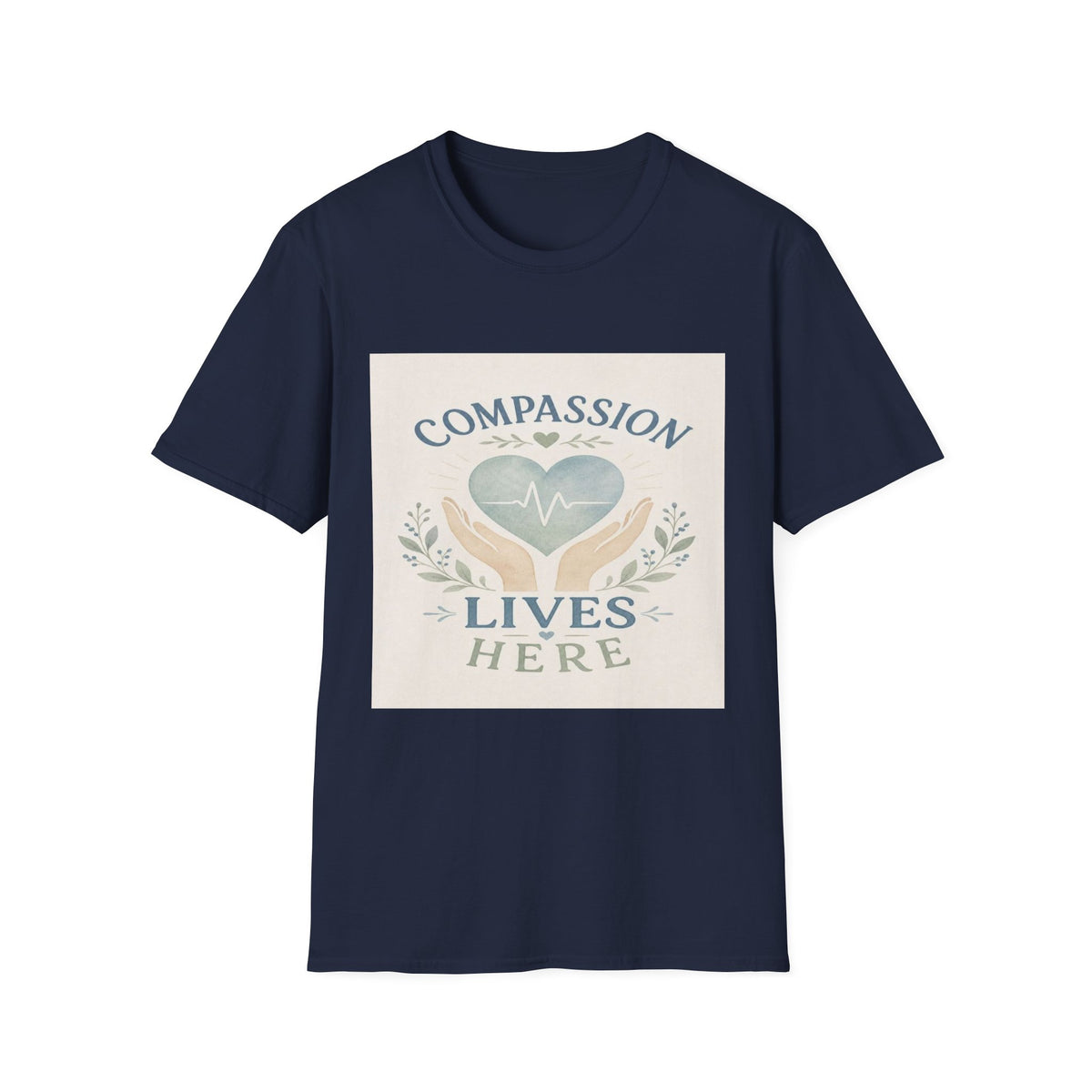 T-shirt Design Featuring Compassion Lives Here With Heart and Hands- Graphic Tees