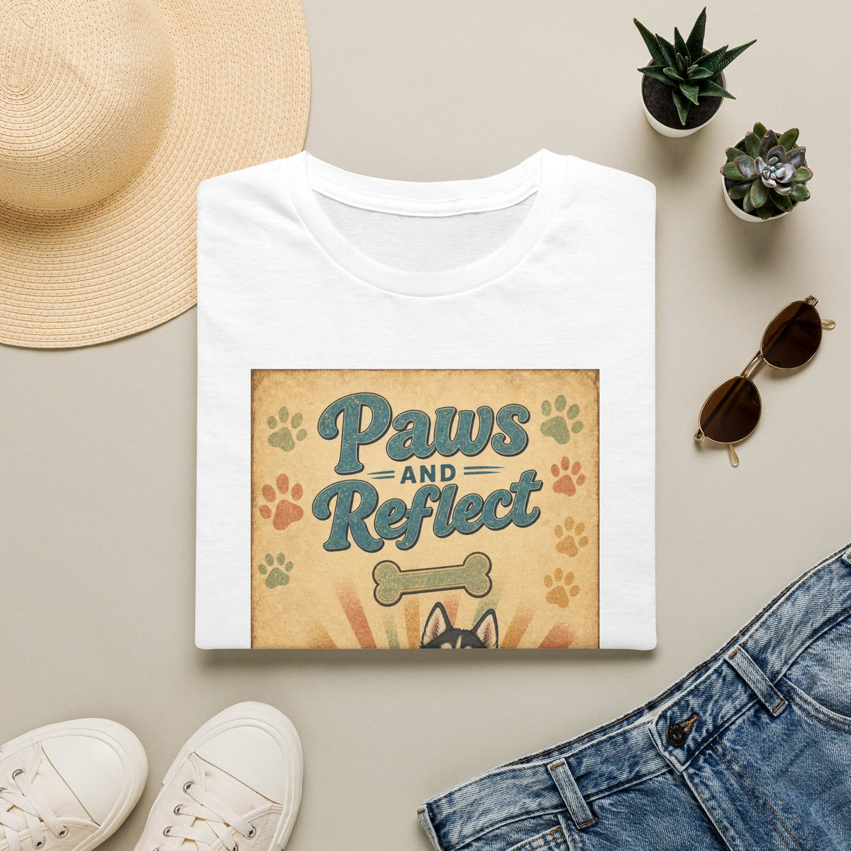 Paws and Reflect Dog Graphic T-Shirt — Retro Pup Pawprint Tee