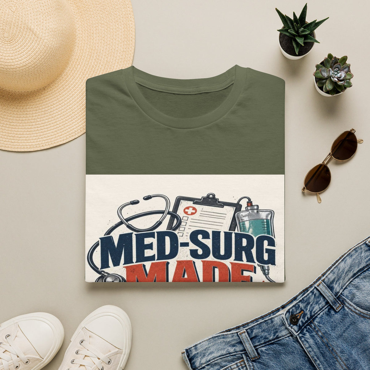 Bold Typography Design Celebrating Med-Surg Strength With Healthcare Icons- Graphic Tees
