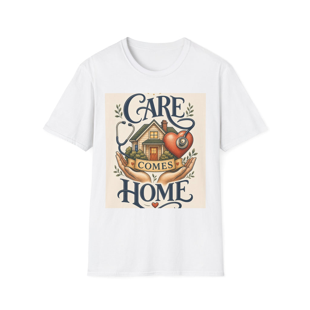 T Shirt Design Featuring Care Comes Home With Warm Illustrations