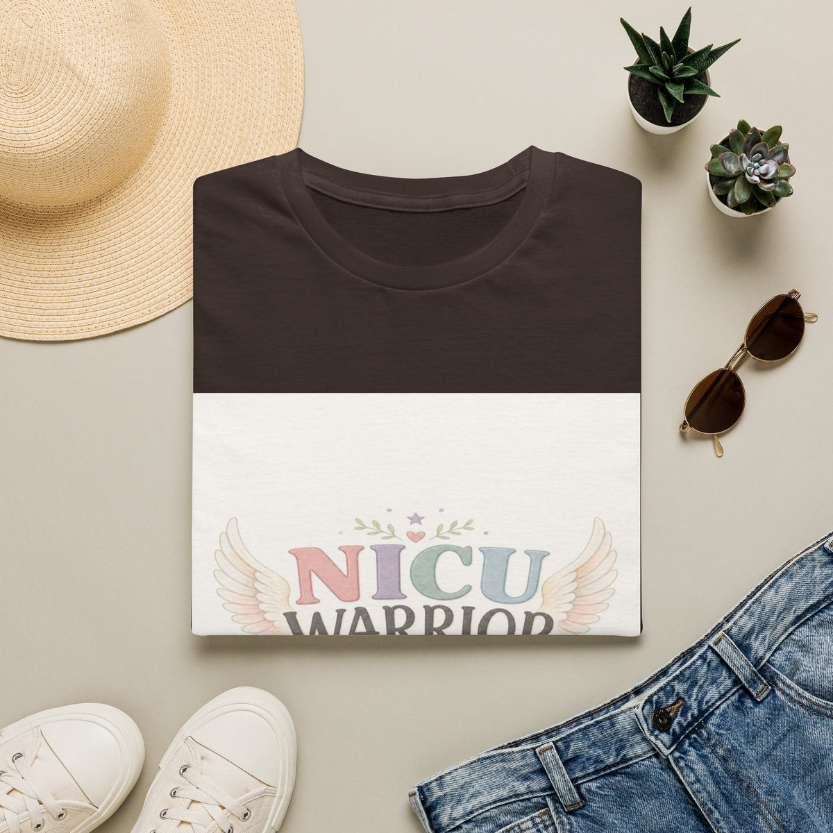 NICU Warrior Design With Baby Footprint And Angel Wings- Graphic Tees