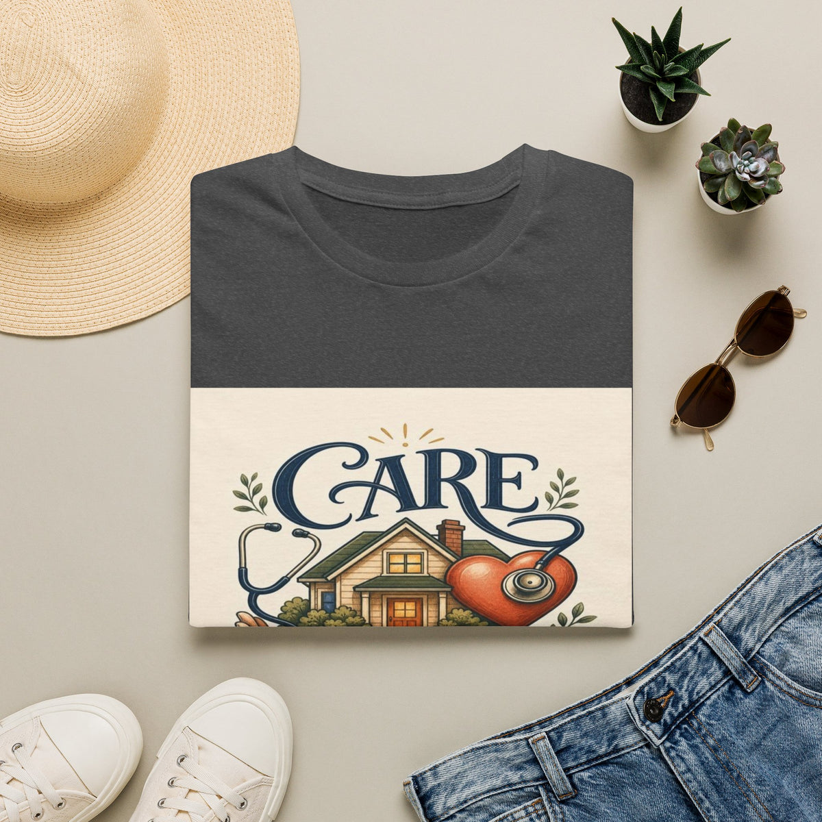 T-shirt Design Featuring Care Comes Home With Warm Illustrations- Graphic Tees