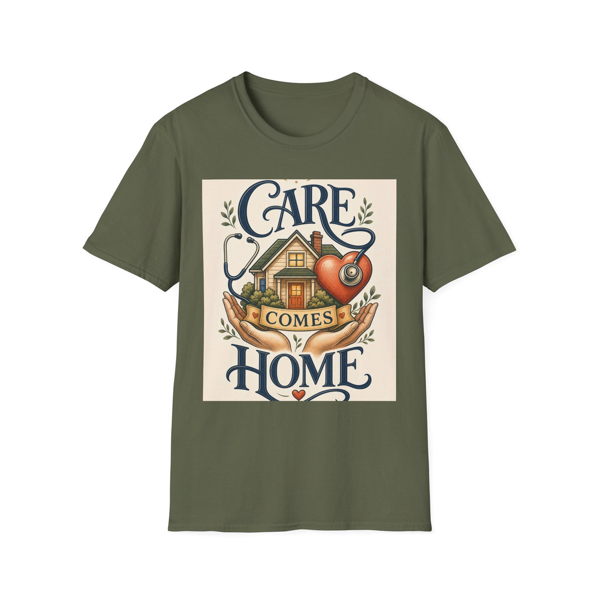 T Shirt Design Featuring Care Comes Home With Warm Illustrations