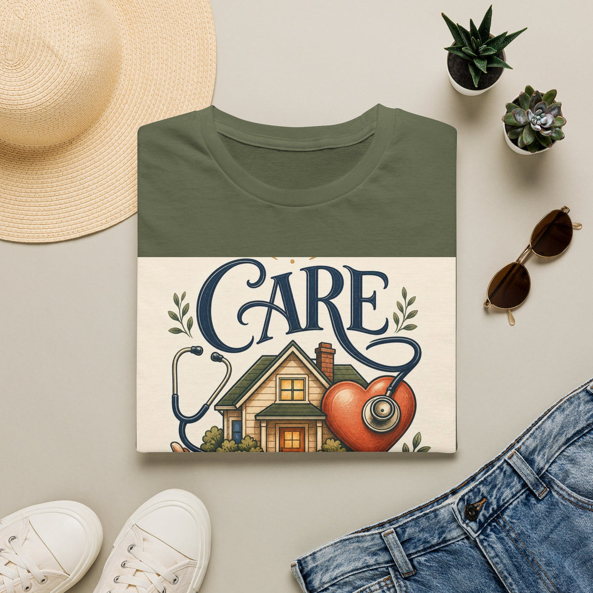 T Shirt Design Featuring Care Comes Home With Warm Illustrations