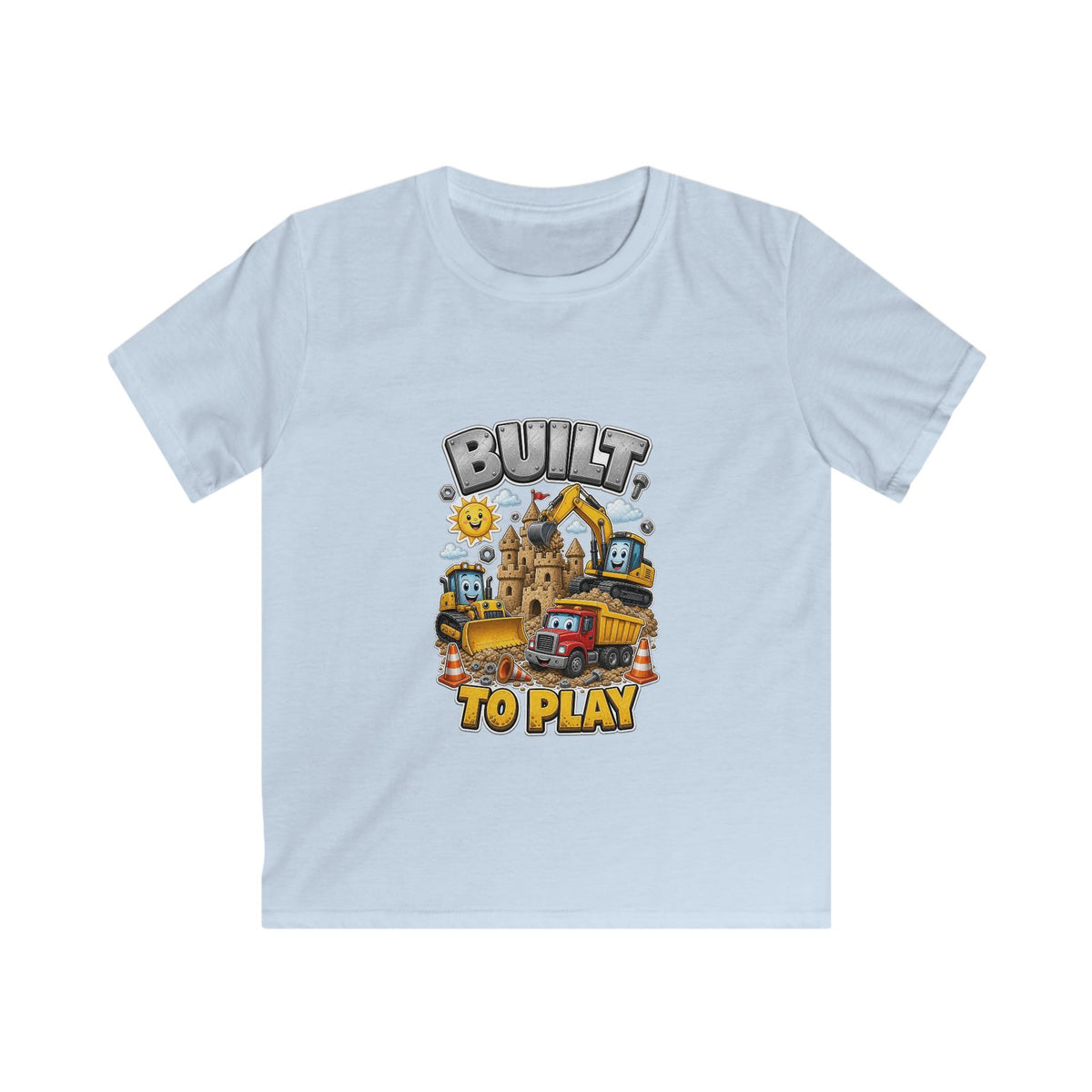 Kids Tee — "Built to Play" Construction Trucks Graphic