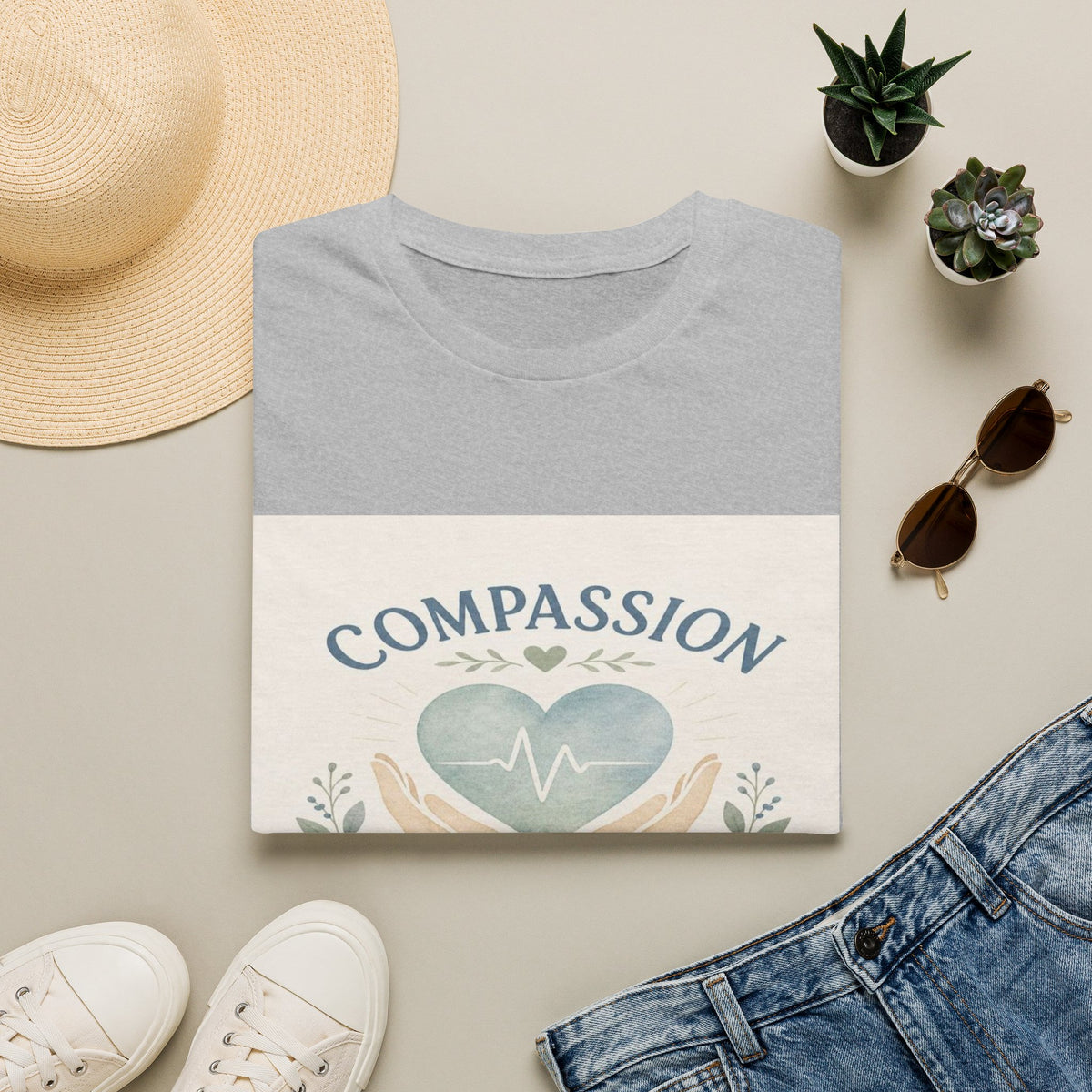 T-shirt Design Featuring Compassion Lives Here With Heart and Hands- Graphic Tees