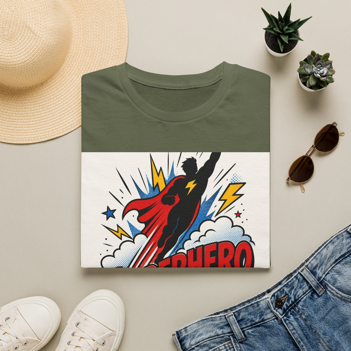 Dynamic Superhero Silhouette Soaring Through Colorful Clouds