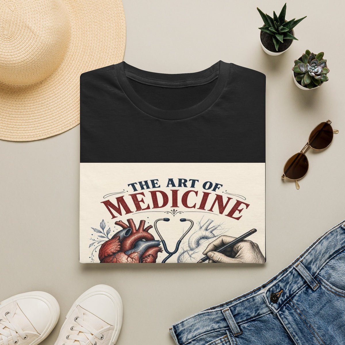 T-shirt Design Featuring Anatomical Heart And Sketching Hand- Graphic Tees