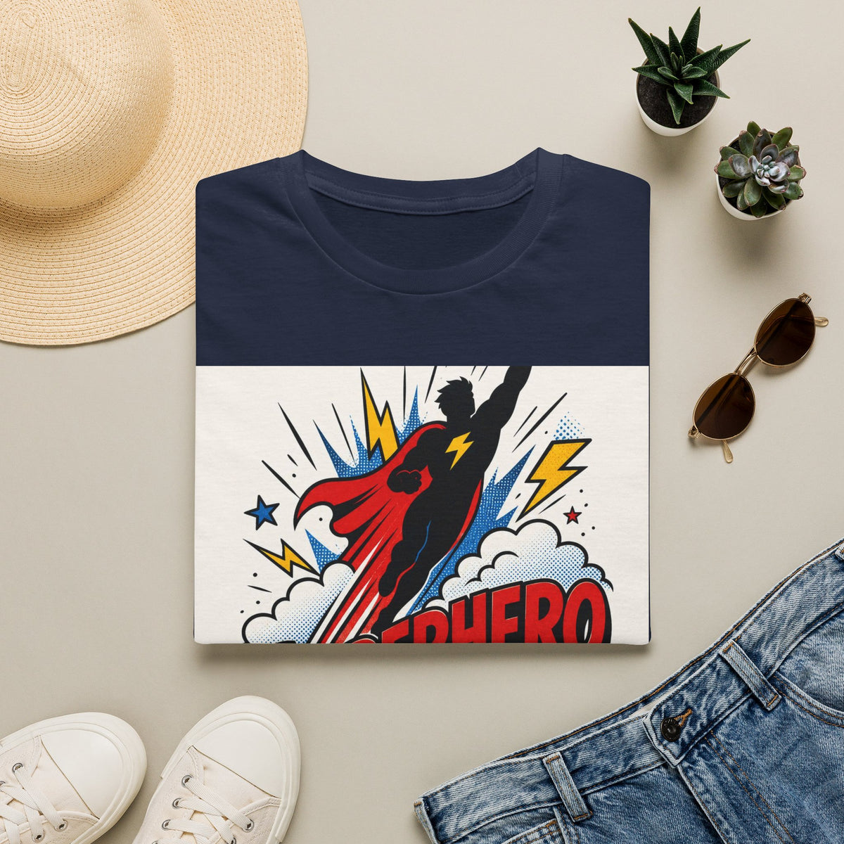 Dynamic Superhero Silhouette Soaring Through Colorful Clouds
