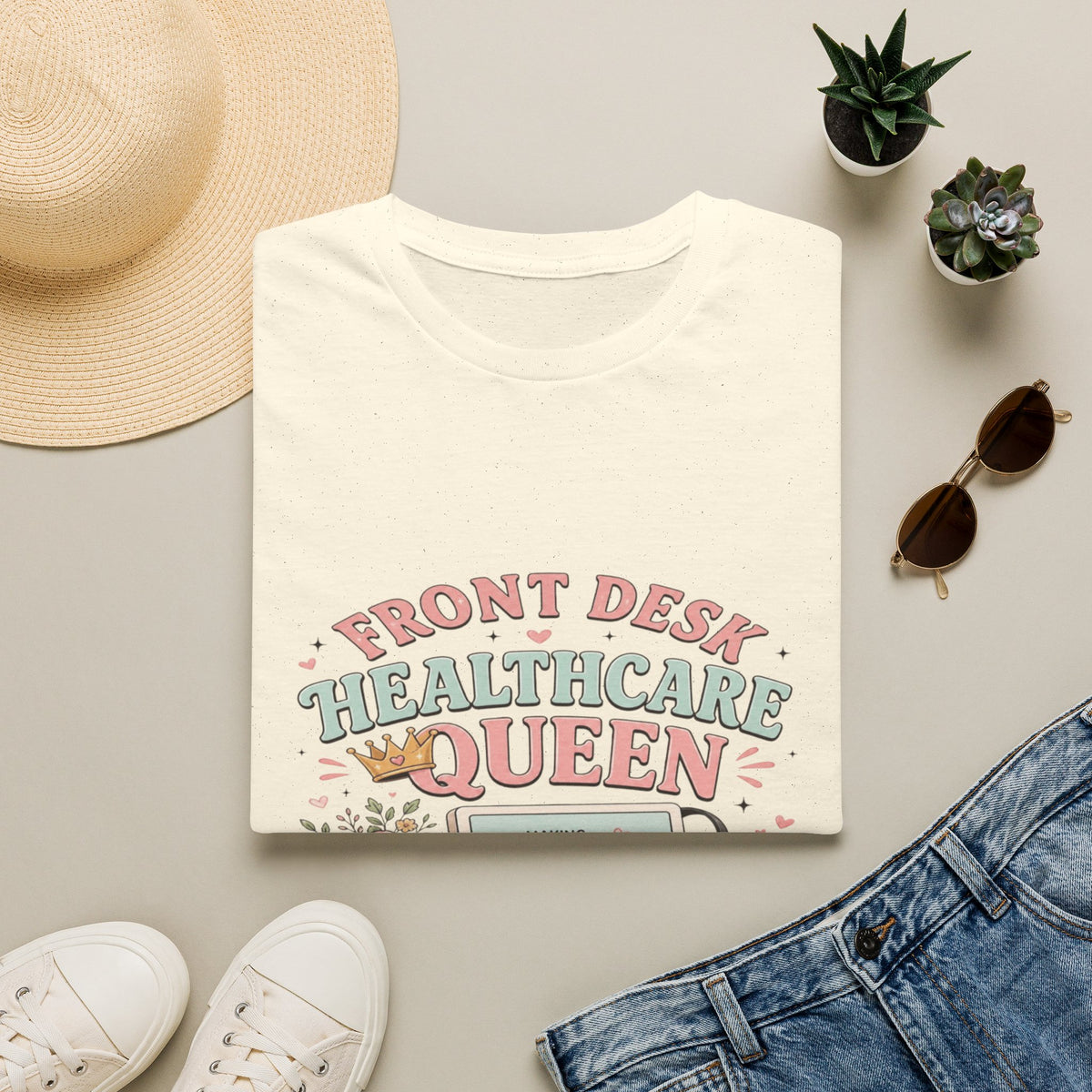 Playful Feminine Design For Front Desk Healthcare Queen- Graphic Tees
