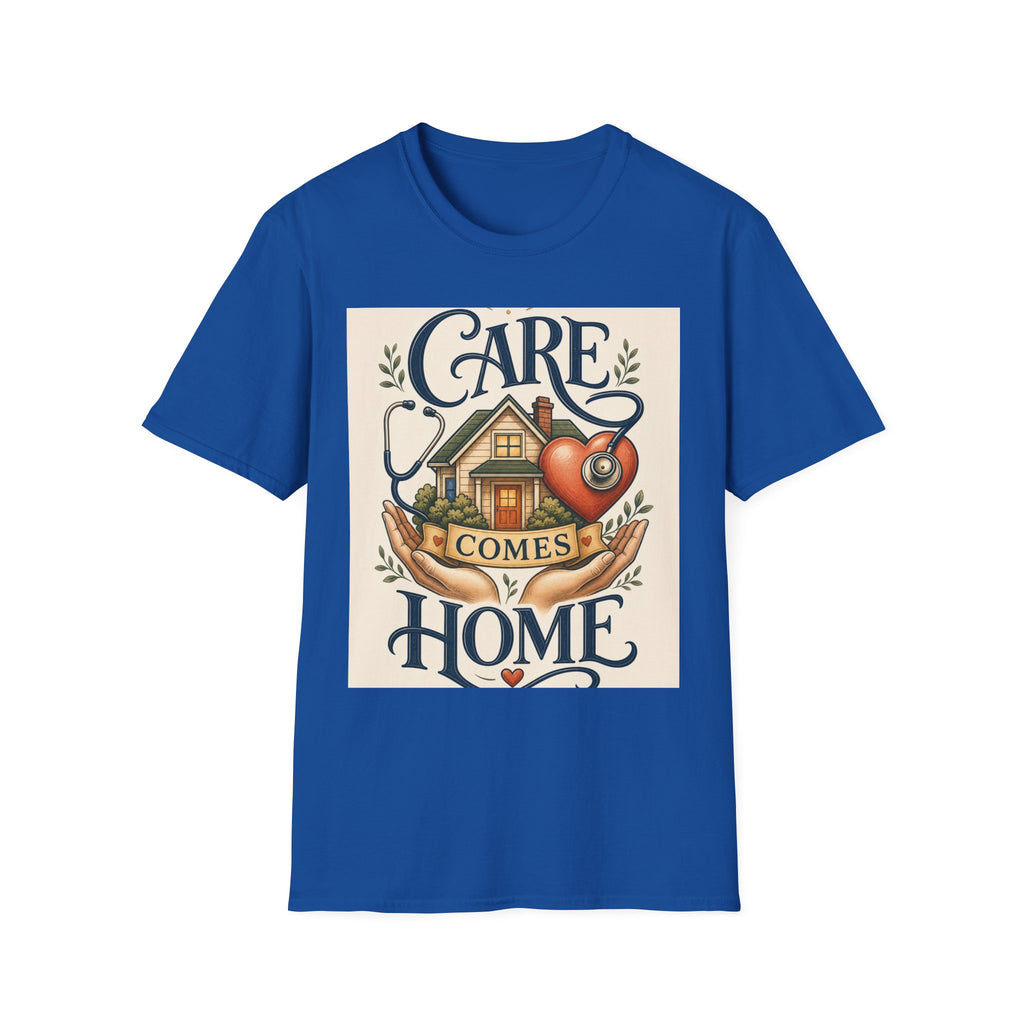 T Shirt Design Featuring Care Comes Home With Warm Illustrations