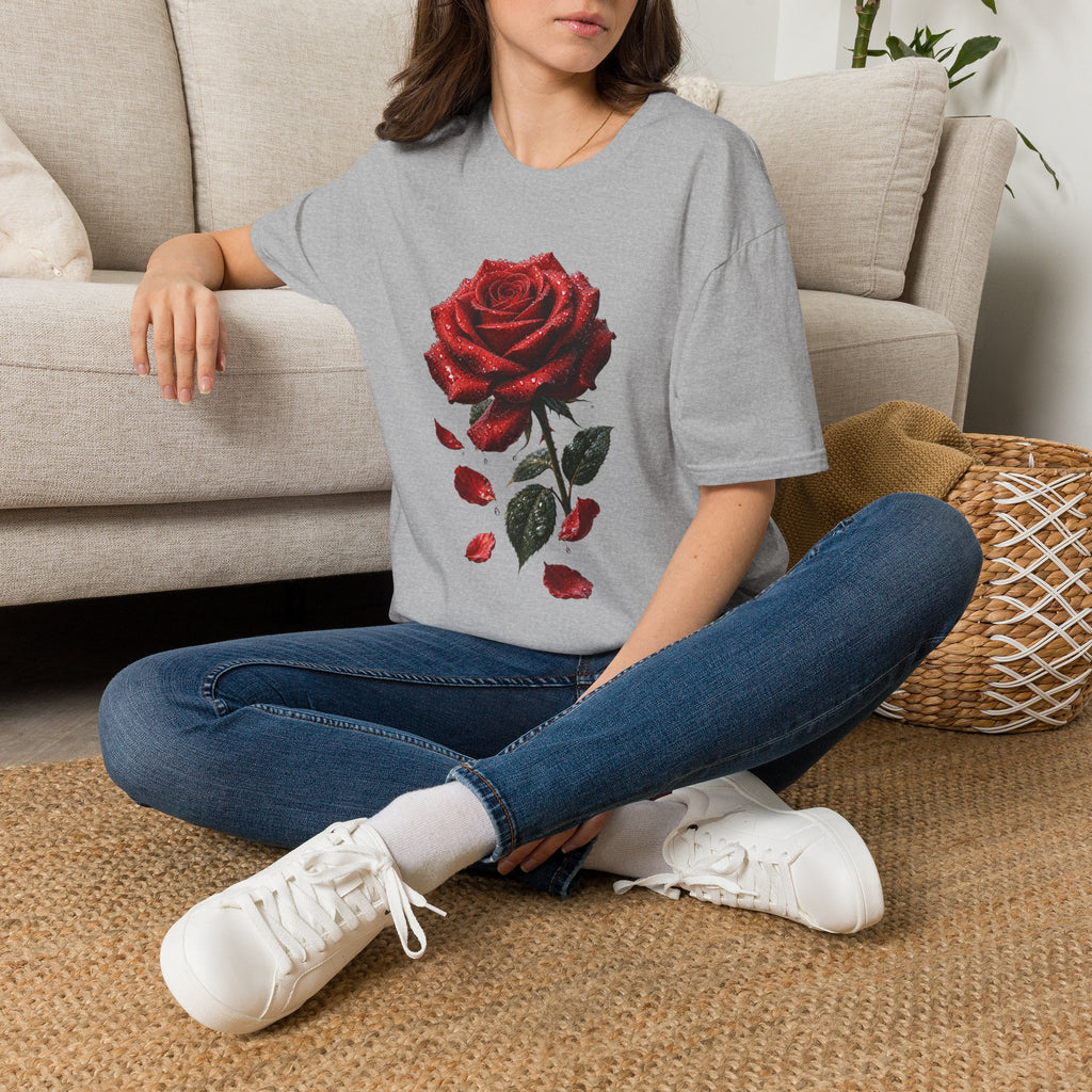 Red Rose Graphic T-Shirt — Falling Petals Floral Tee