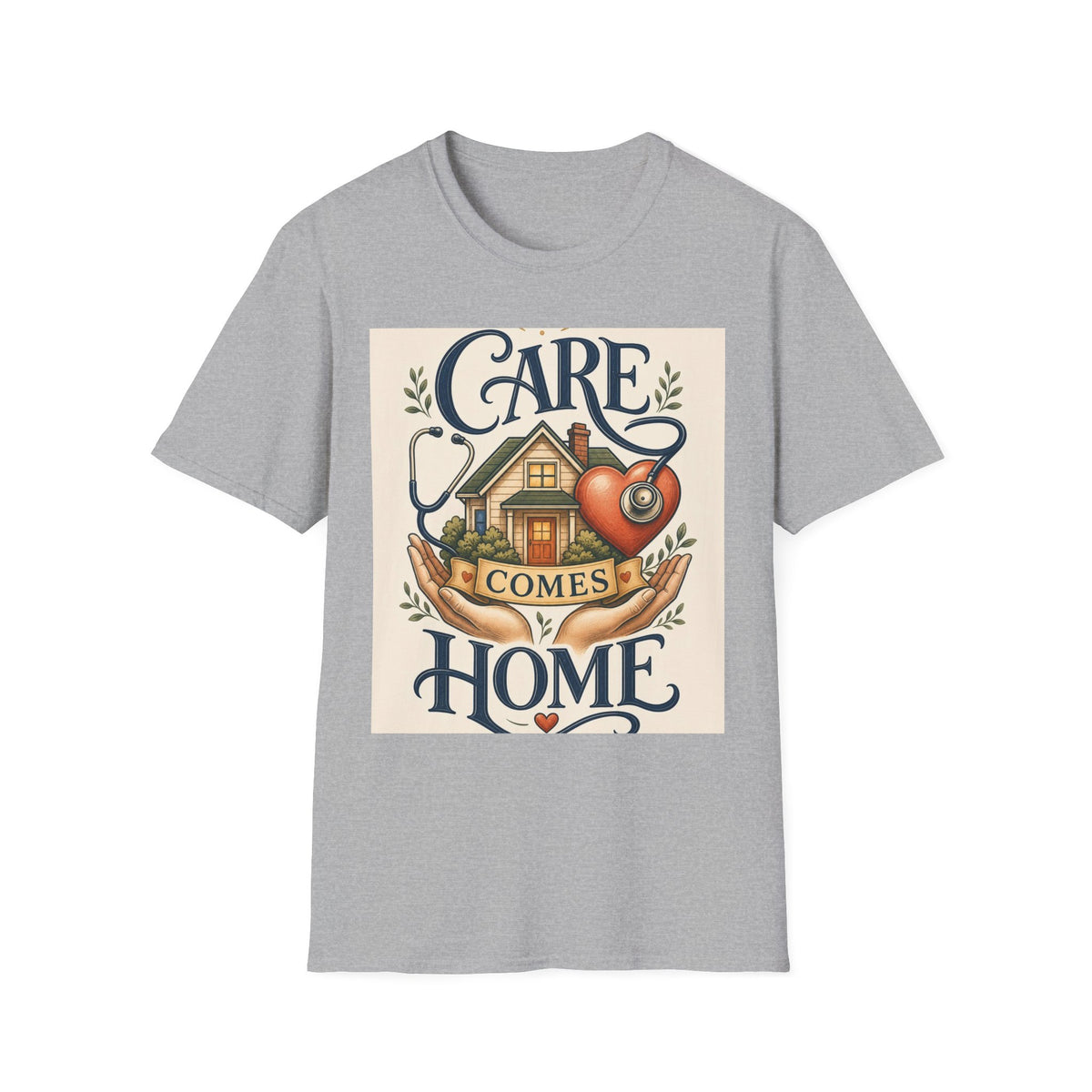 T Shirt Design Featuring Care Comes Home With Warm Illustrations