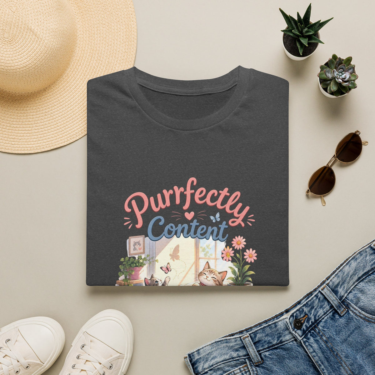 Purrfectly Content T-Shirt — Cute Cat Graphic Tee for Cat Lovers