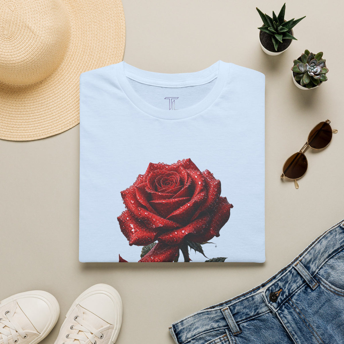 Red Rose Graphic T-Shirt — Falling Petals Floral Tee