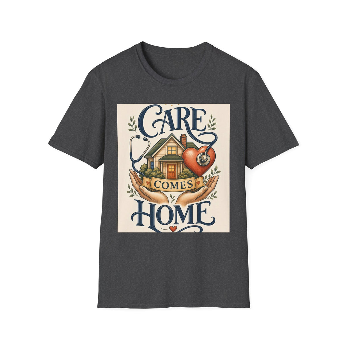 T Shirt Design Featuring Care Comes Home With Warm Illustrations