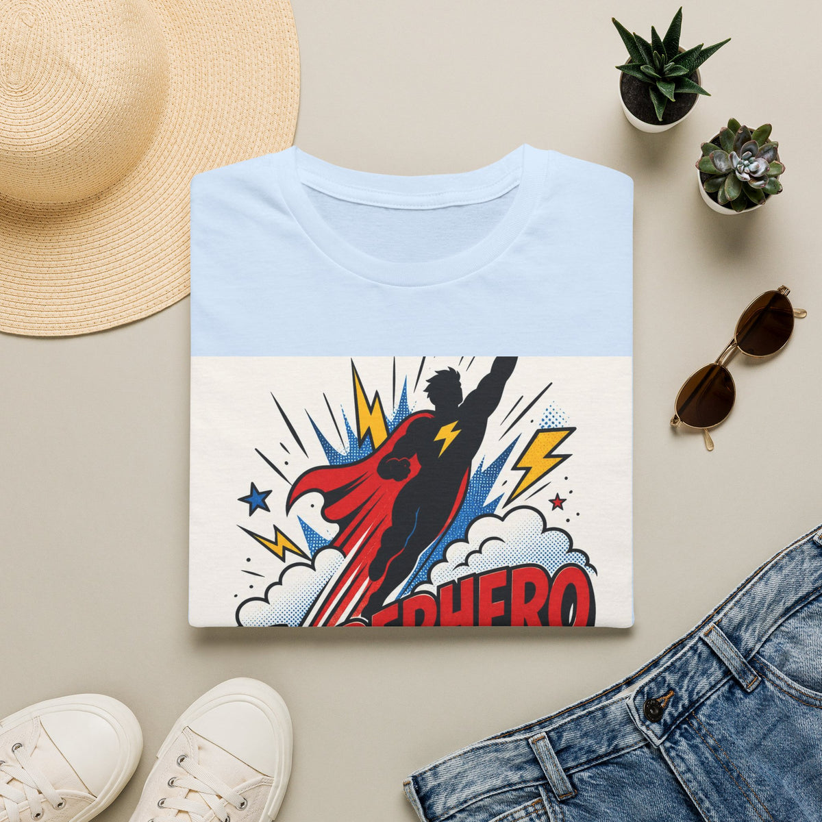 Dynamic Superhero Silhouette Soaring Through Colorful Clouds