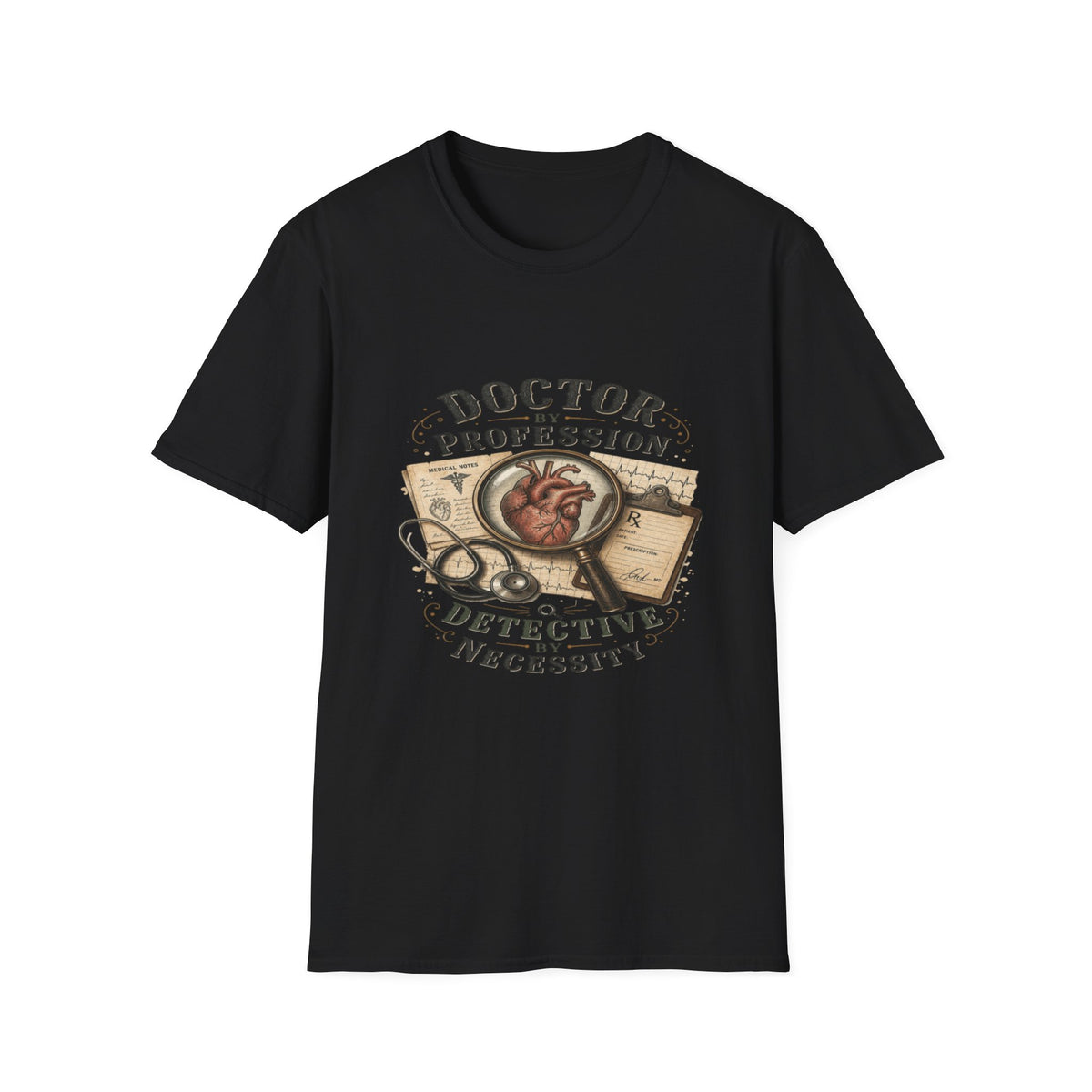 Vintage Detective-Inspired T-Shirt Featuring Anatomical Heart And Magnifying Glass- Graphic Tees