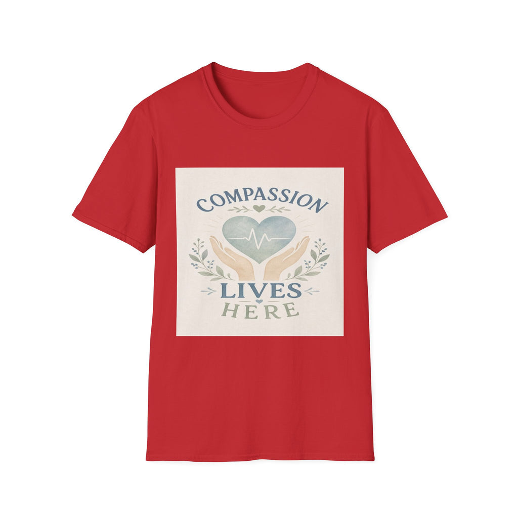 T-shirt Design Featuring Compassion Lives Here With Heart and Hands- Graphic Tees