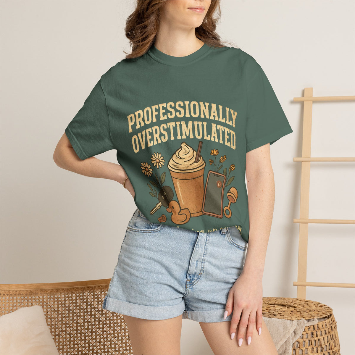 Professionally Overstimulated Graphic T-Shirt — Coffee, Phone & Cozy Aesthetic