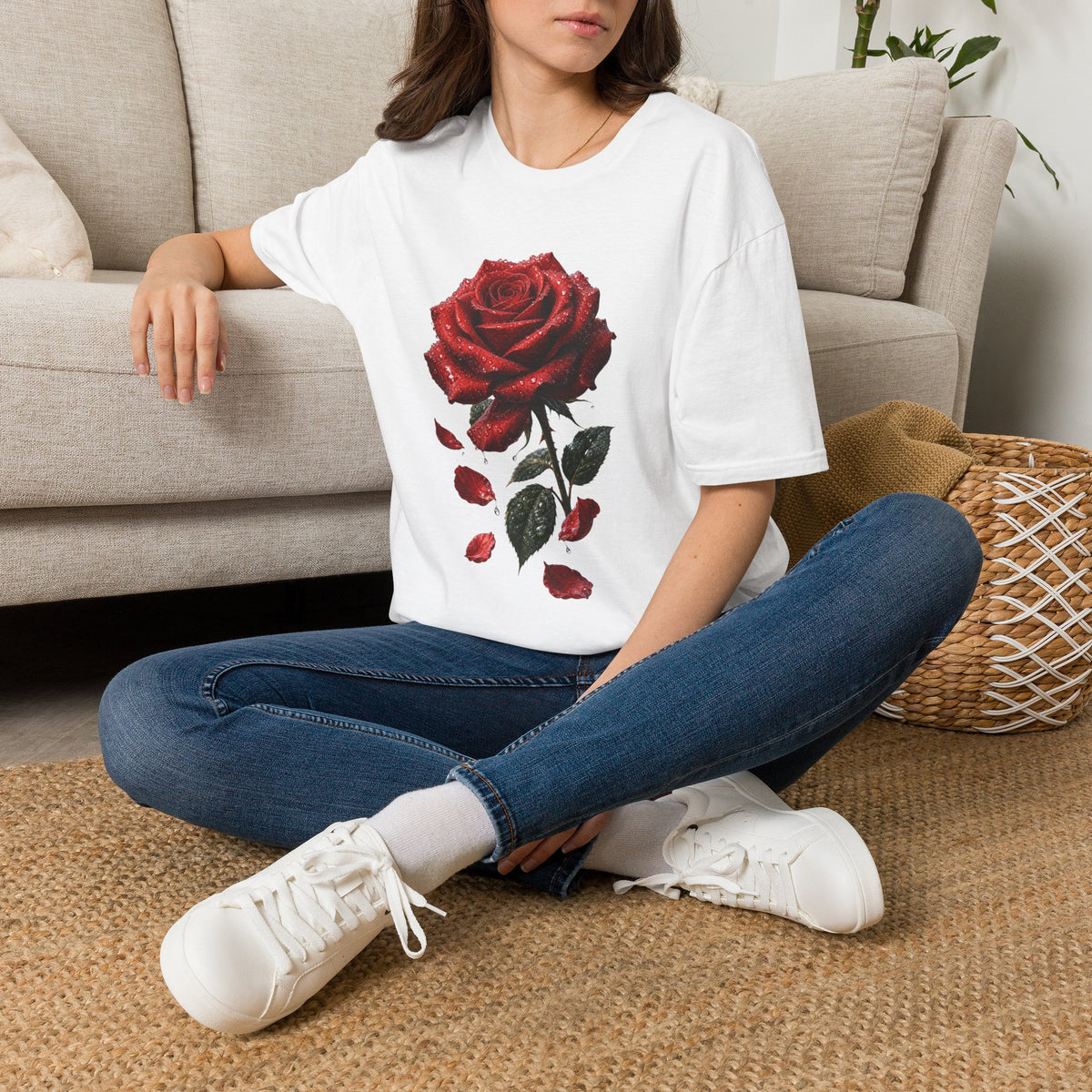 Red Rose Graphic T-Shirt — Falling Petals Floral Tee