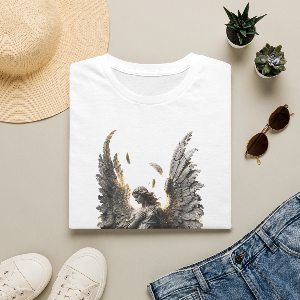 Angel Wings Graphic T-Shirt — Fallen Feather Statue Design