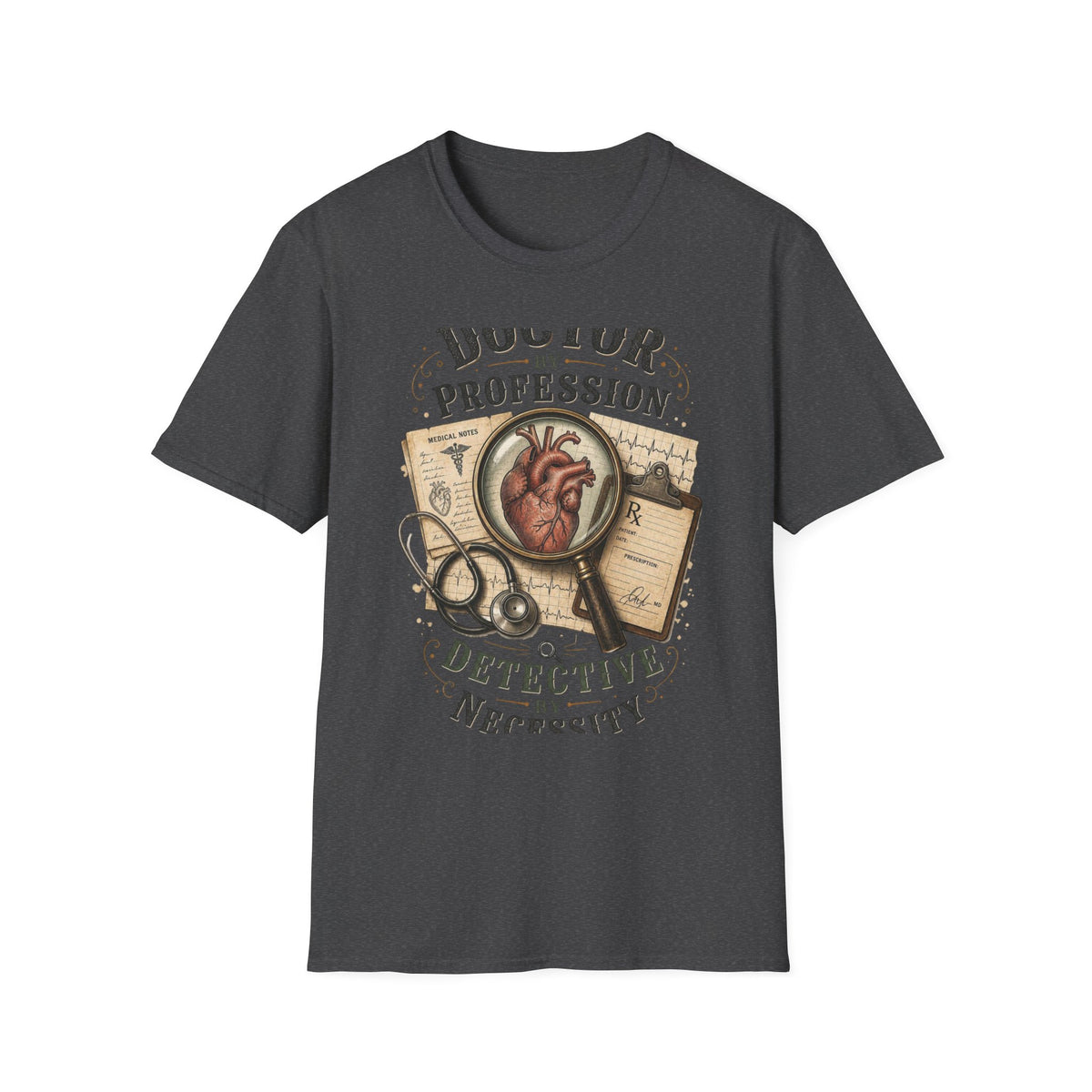 Vintage Detective Inspired T Shirt Featuring Anatomical Heart And Magnifying Glass