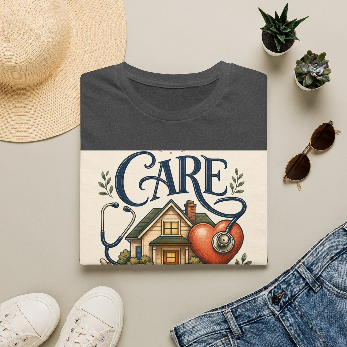 T Shirt Design Featuring Care Comes Home With Warm Illustrations