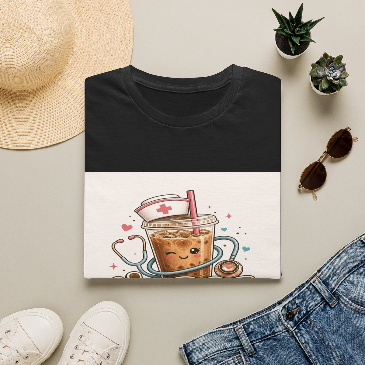 Cute T-Shirt Design Featuring Iced Coffee And Nurse Cap- Graphic Tees