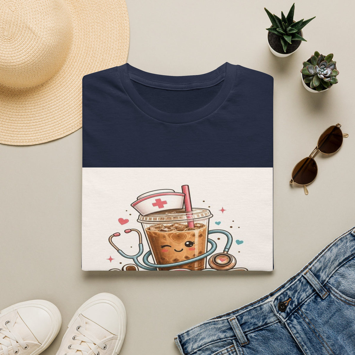 Cute T-Shirt Design Featuring Iced Coffee And Nurse Cap- Graphic Tees