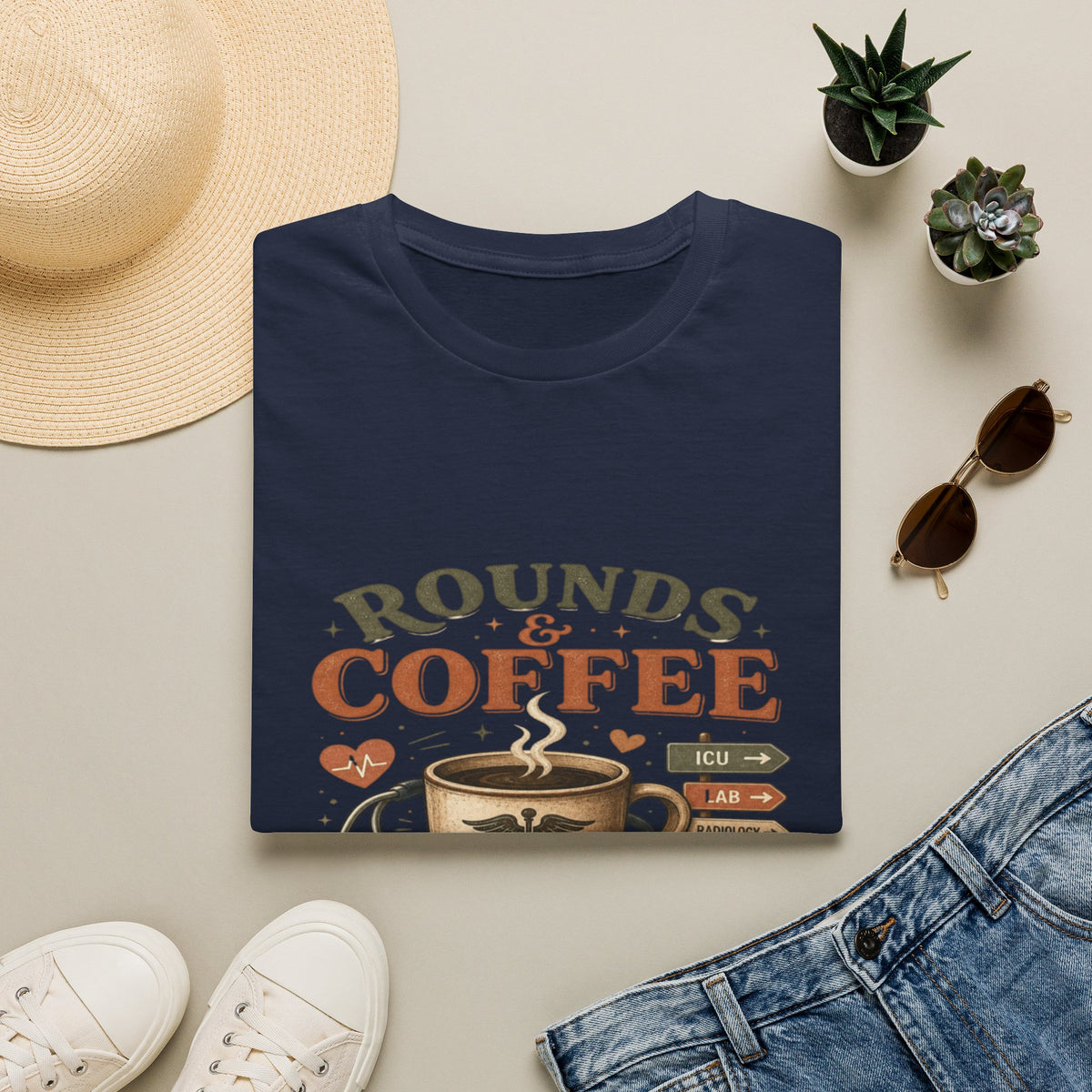 Coffee Cup With Stethoscope Combining Vintage Café And Medical Aesthetics- Graphic Tees