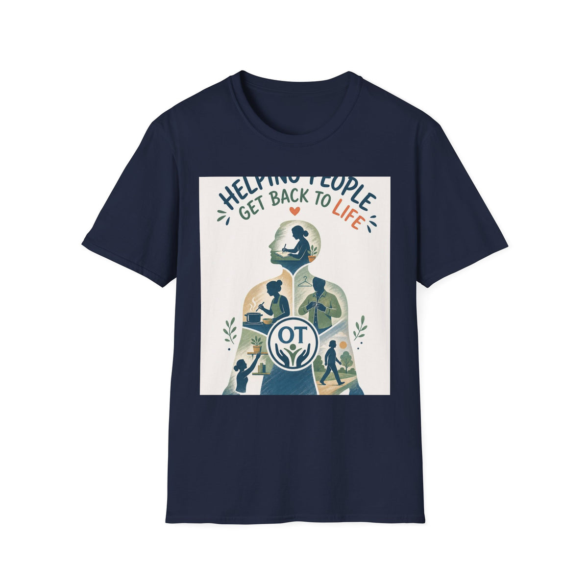 T Shirt Design Featuring Daily Activities Silhouette With OT Symbol
