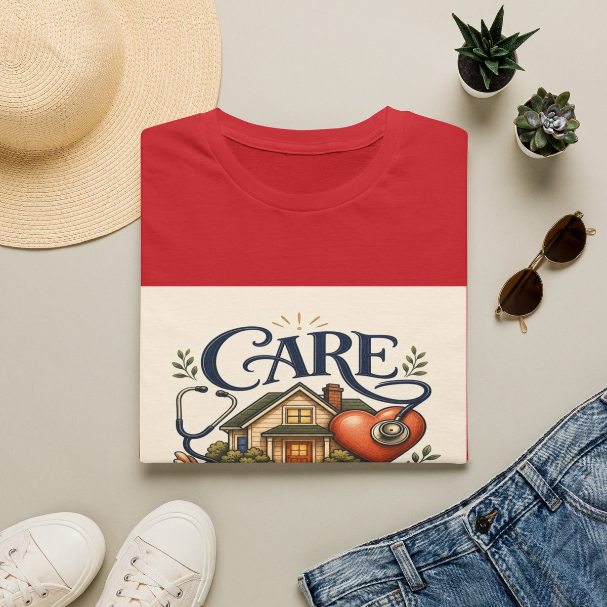 T-shirt Design Featuring Care Comes Home With Warm Illustrations- Graphic Tees