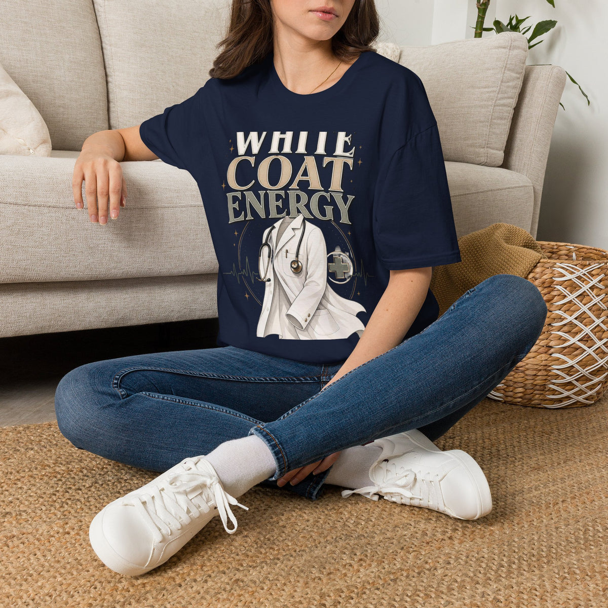 Elegant T Shirt Design Featuring White Coat Energy Typography