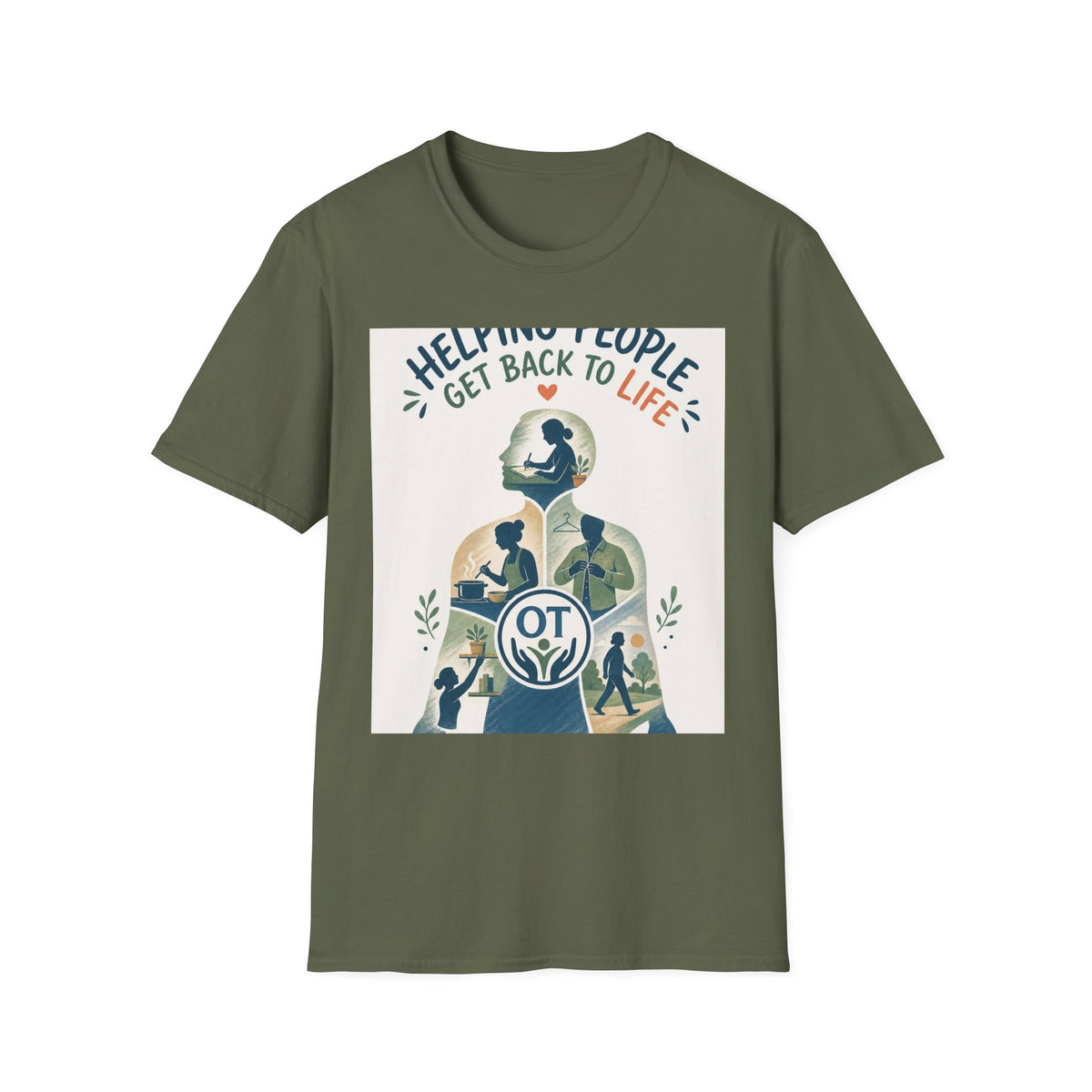 T Shirt Design Featuring Daily Activities Silhouette With OT Symbol