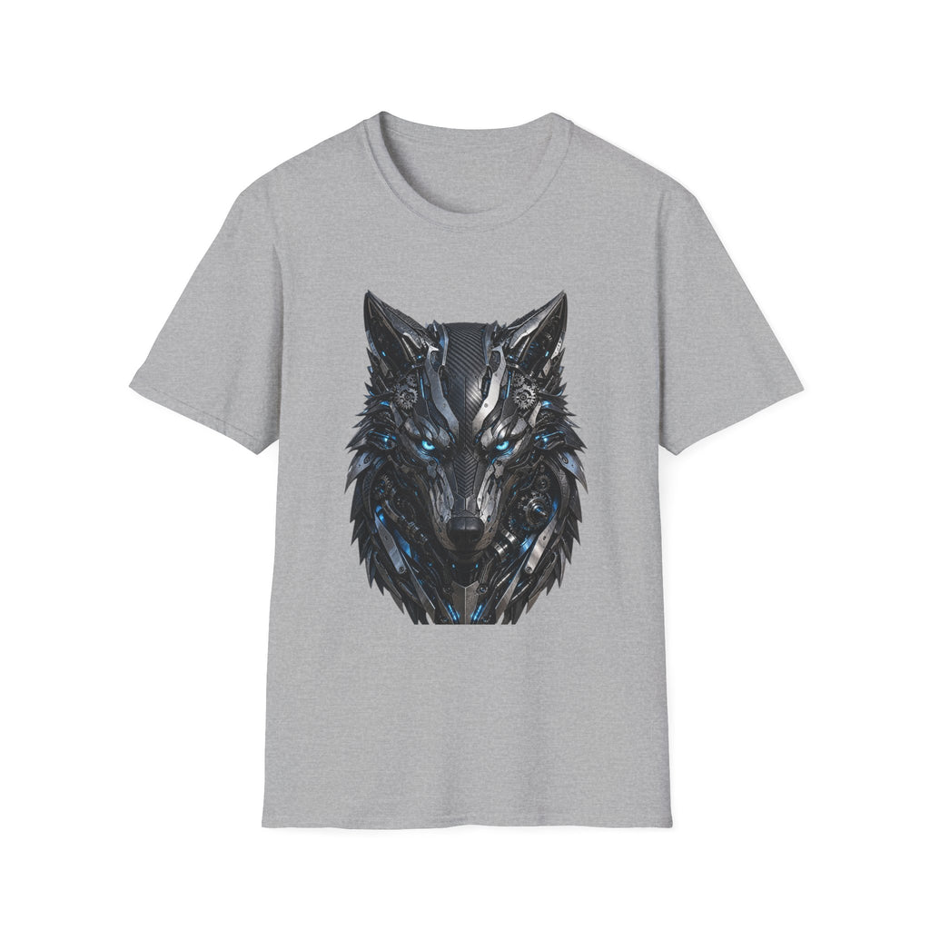 Wolf Mask T-Shirt — Futuristic Blue-Eyed Cyber Wolf Graphic Tee