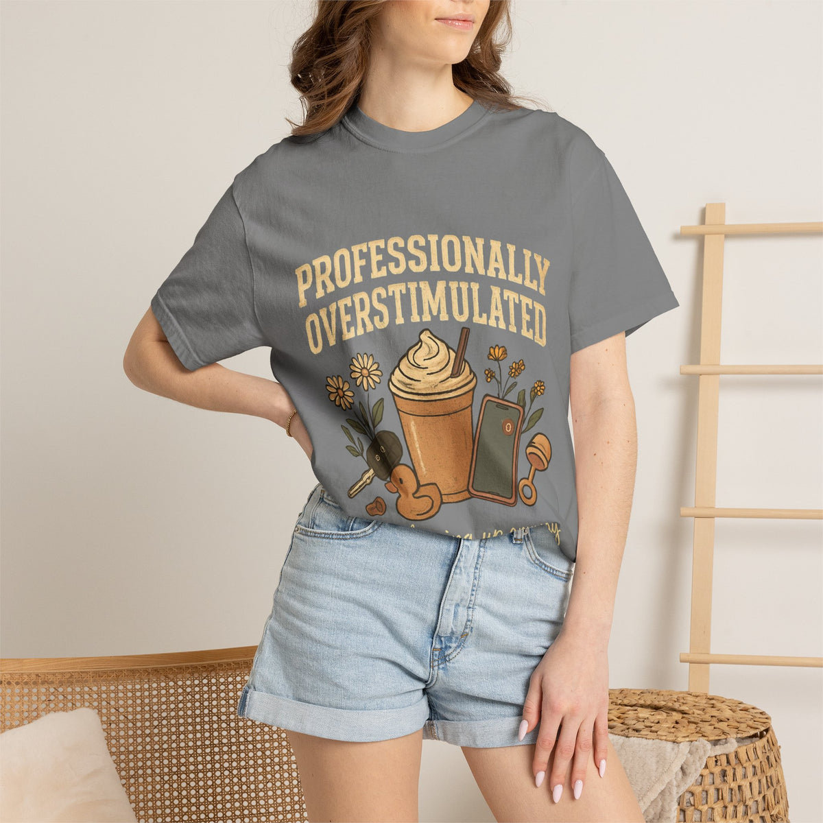 Professionally Overstimulated Graphic T-Shirt — Coffee, Phone & Cozy Aesthetic