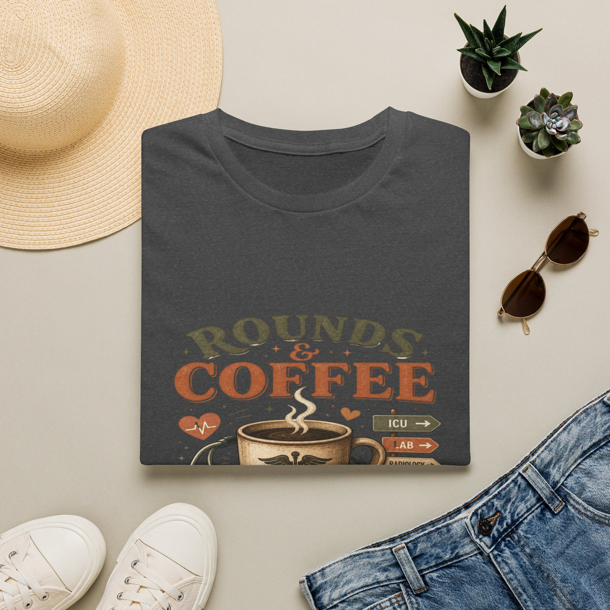 Coffee Cup With Stethoscope Combining Vintage Café And Medical Aesthetics- Graphic Tees