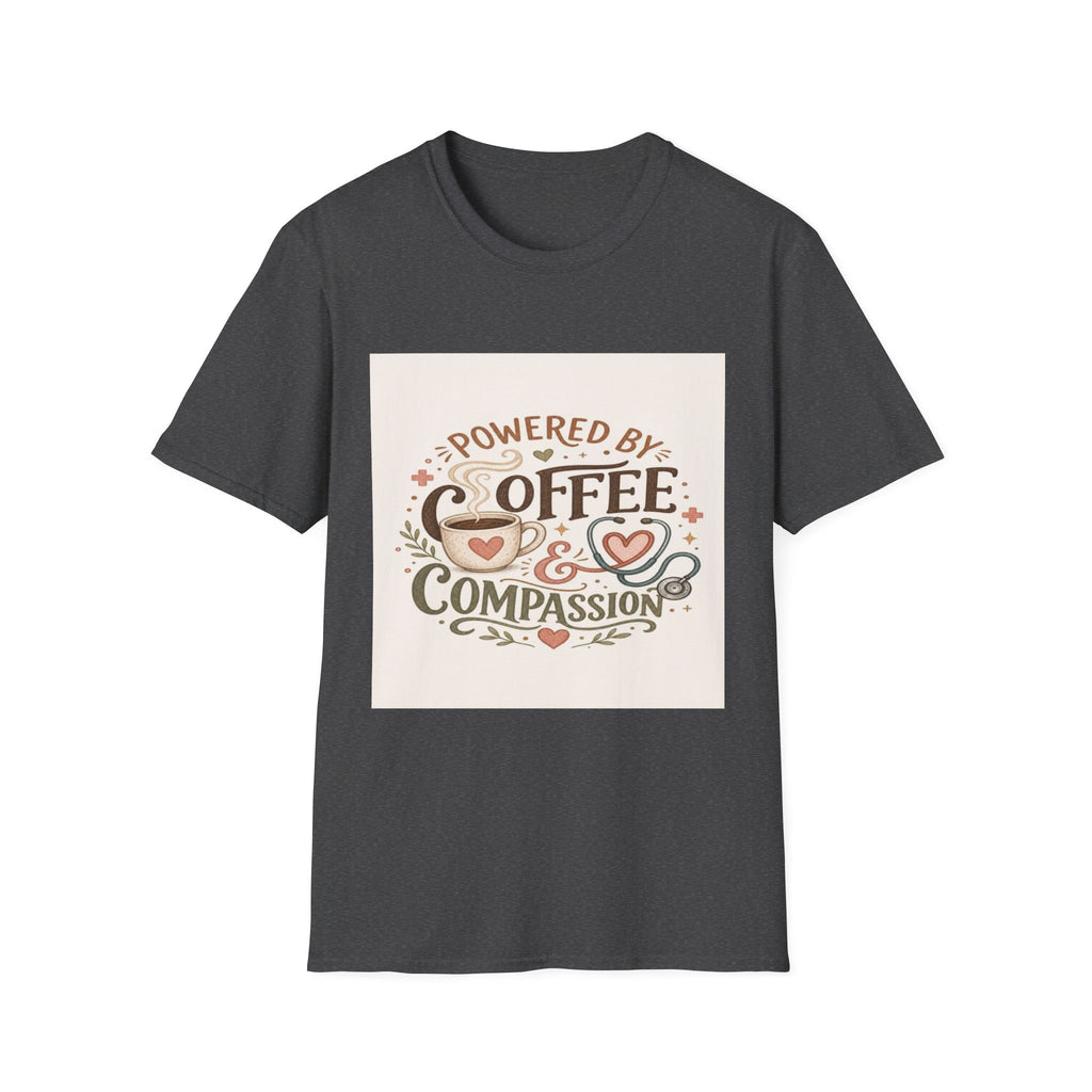 Cozy T-shirt Design Featuring Hand-Lettered Coffee and Compassion- Graphic Tees