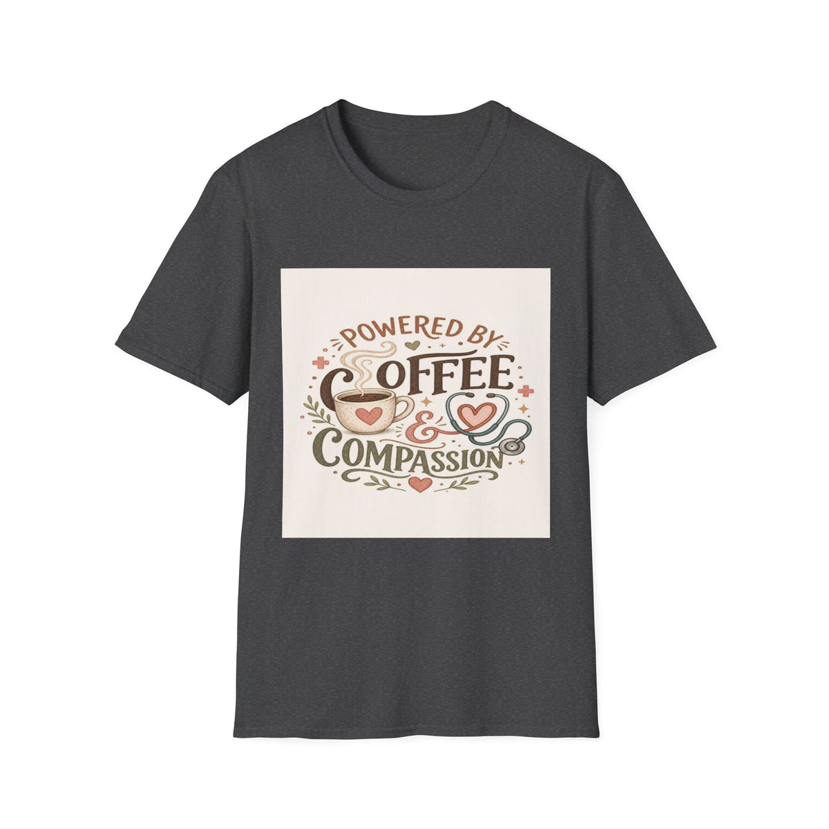 Cozy T-shirt Design Featuring Hand-Lettered Coffee and Compassion- Graphic Tees