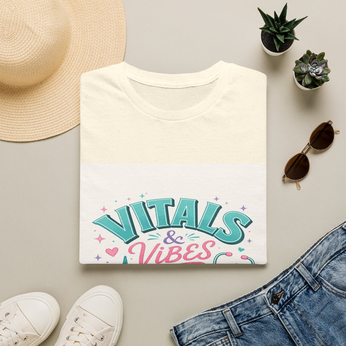 Trendy T-Shirt Design Featuring Vitals And Vibes Phrase- Graphic Tees