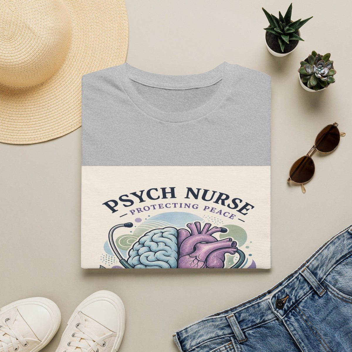Stylized Brain And Heart Illustration With Stethoscope Art- Graphic Tees