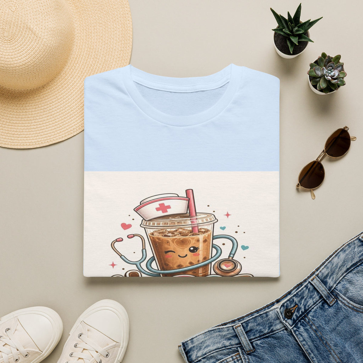 Cute T-Shirt Design Featuring Iced Coffee And Nurse Cap- Graphic Tees