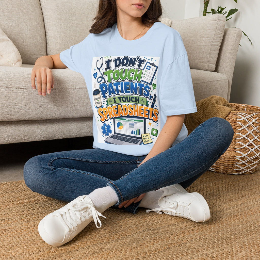 Humorous T Shirt Design Featuring Playful Healthcare And Spreadsheet Imagery