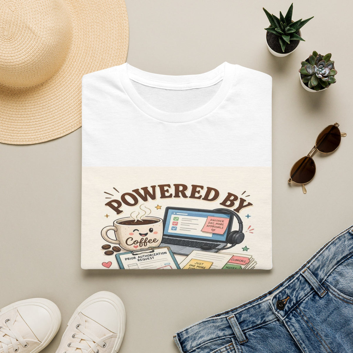 Whimsical T-shirt Design Featuring Coffee And Prior Authorizations- Graphic Tees