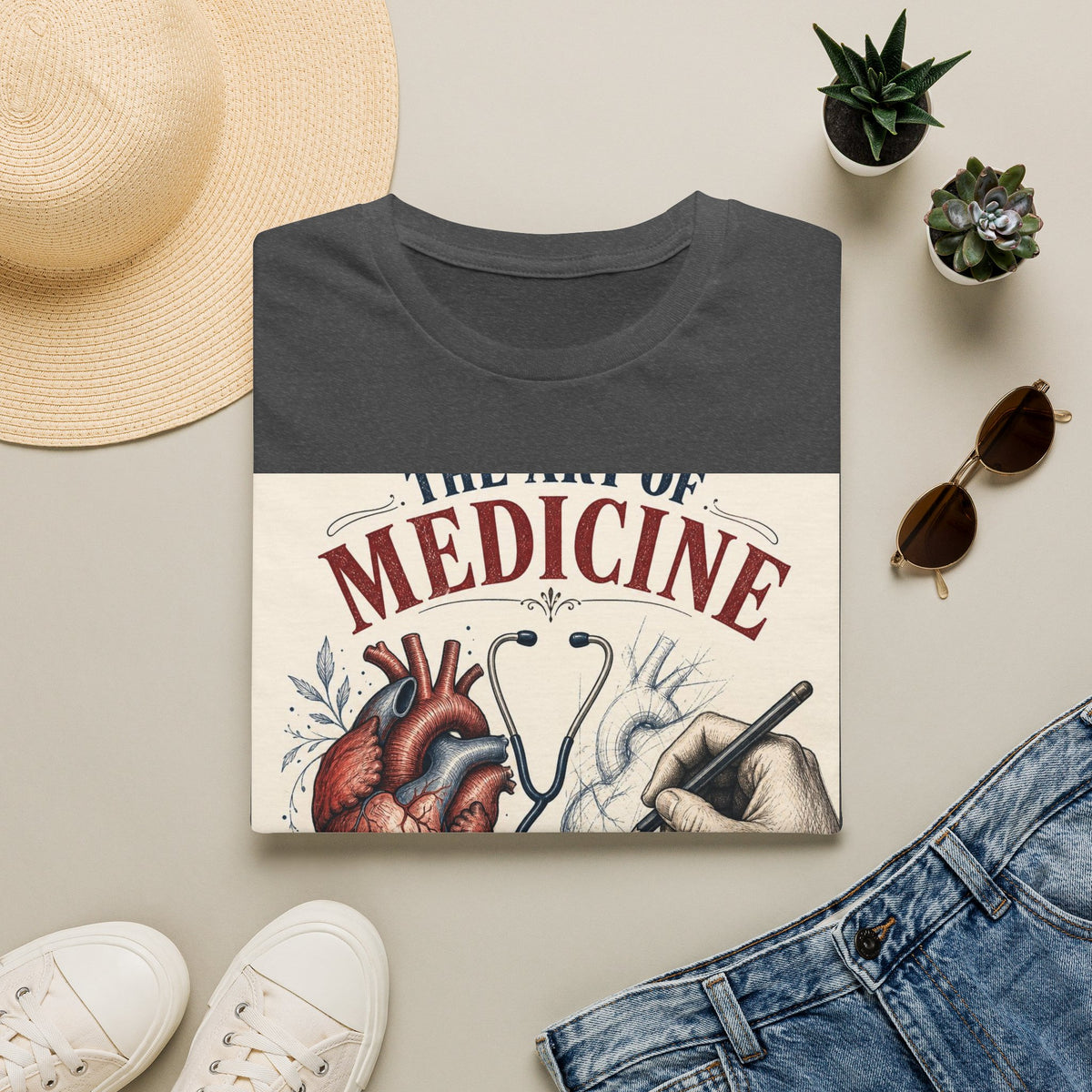 T Shirt Design Featuring Anatomical Heart And Sketching Hand