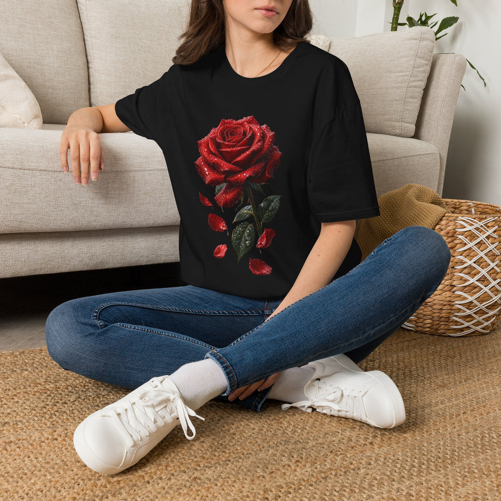 Red Rose Graphic T-Shirt — Falling Petals Floral Tee